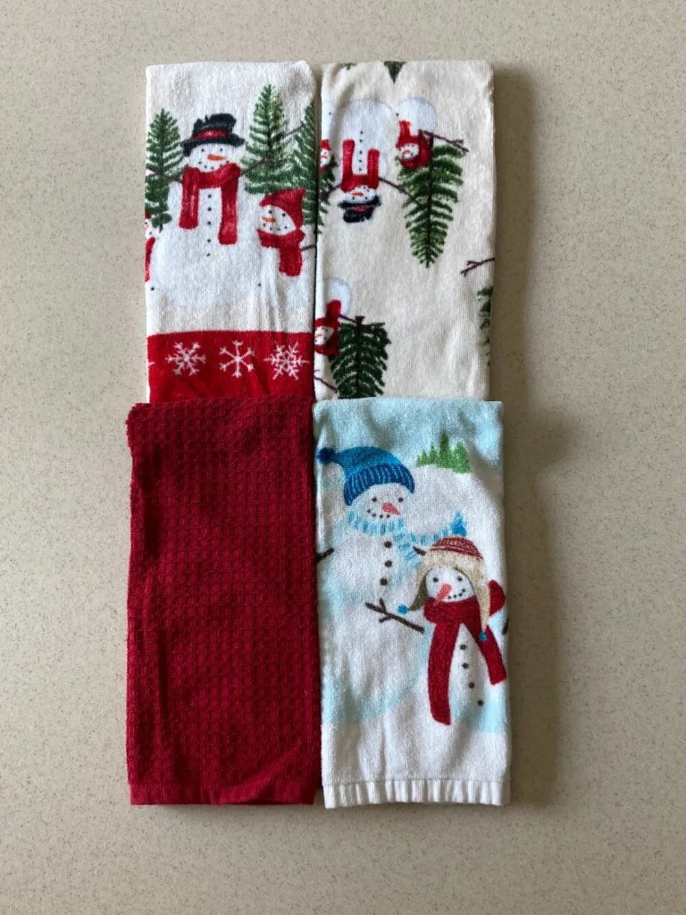St. Nicholas Square Dish Towels 4 Pc. Snowmen Believe
